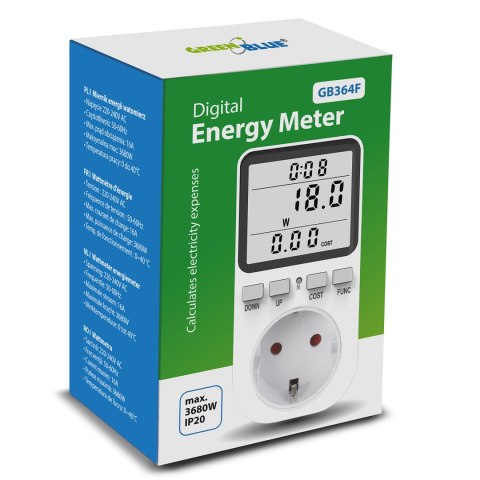 Miernik energii GreenBlue, watomierz, typ F, 220-240V AC, 50Hz, max. obciążenie 16A, IP20, wbudowana bateria, GB364 F