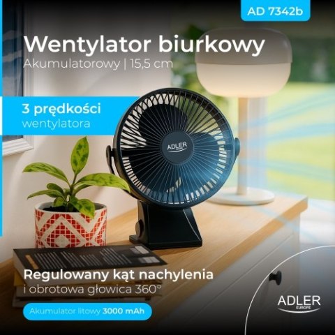 AD 7342 black Wentylator biurkowy z klipsem |akumulatorowy| 15,5 cm | 360° obrót| usb-c |