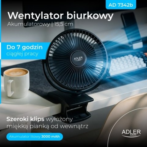 AD 7342 black Wentylator biurkowy z klipsem |akumulatorowy| 15,5 cm | 360° obrót| usb-c |