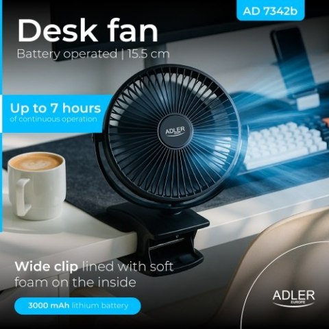 AD 7342 black Wentylator biurkowy z klipsem |akumulatorowy| 15,5 cm | 360° obrót| usb-c |