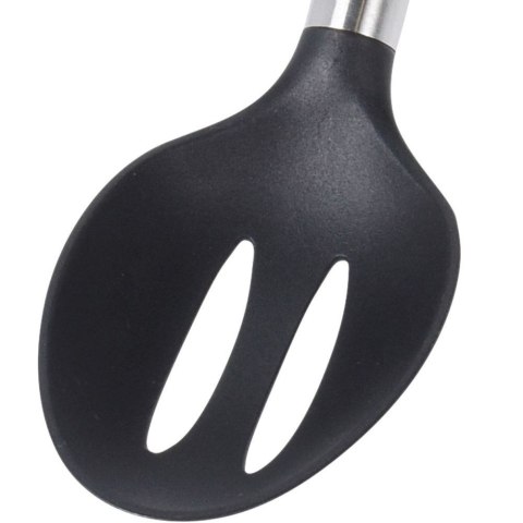 Łyżka kuchenna cedzakowa ażurowa czarna z drewnianą rączką do nakładania mieszania 34 cm