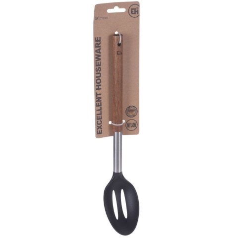 Łyżka kuchenna cedzakowa ażurowa czarna z drewnianą rączką do nakładania mieszania 34 cm