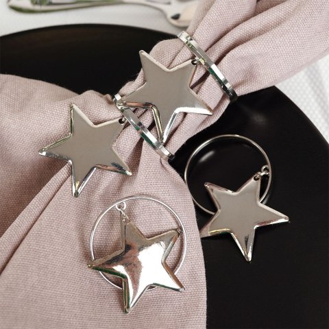 Obrączki pierścienie ringi na serwetki metalowe srebrne gwiazdki 4 szt.